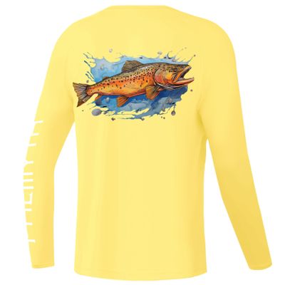 Palmyth Boys Fishing Shirt Youth Long Sleeve T-Shirt UPF 50+ Sun Protection (Yellow/Trout Splash, XL)