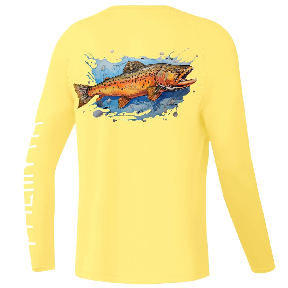 Palmyth Boys Fishing Shirt Youth Long Sleeve T-Shirt UPF 50+ Sun Protection (Yellow/Trout Splash, XL)
