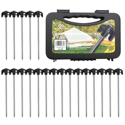 20 Pack Stainless Steel Tent Pegs with Storage Case Heavy Duty Skewer Tent Pegs Metal Galvanised Awning Pegs Long Steel Ground Stakes for Camping Hard Ground Peg for All Ground Types Outdoor