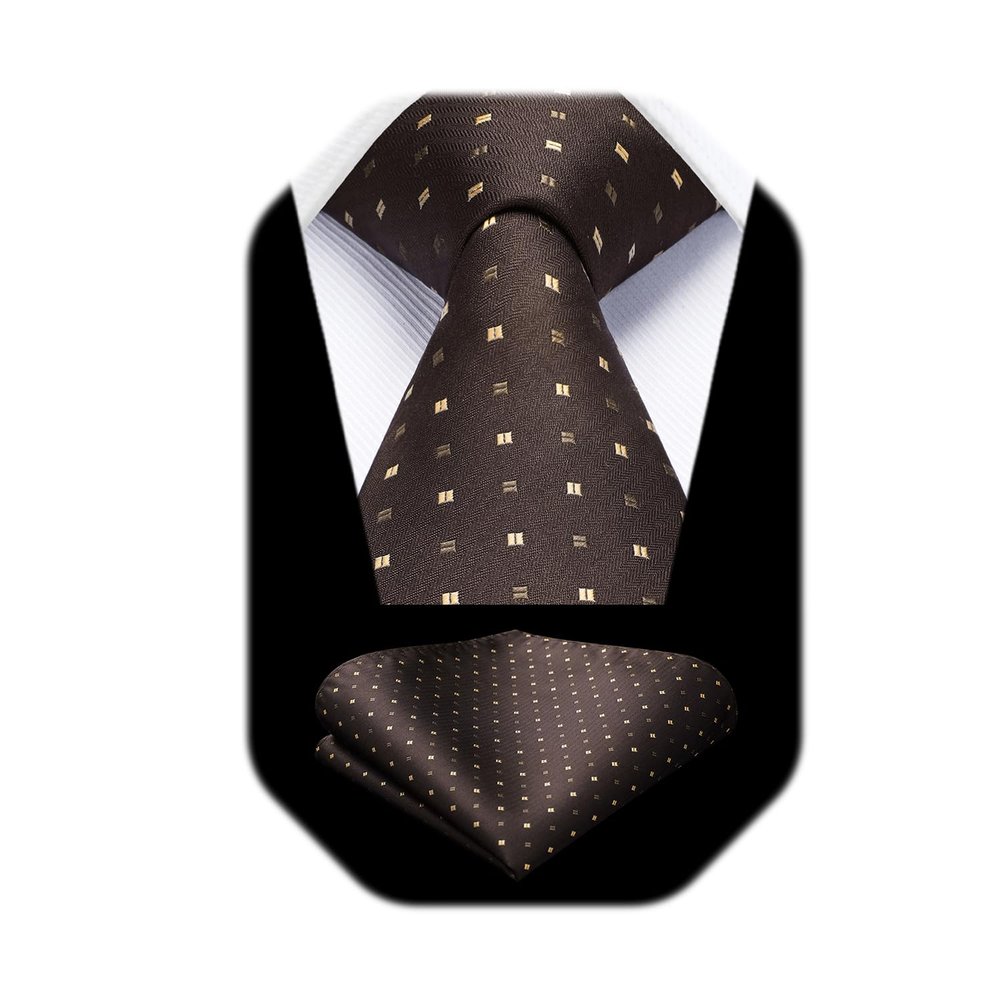 HISDERN Brown Ties for Men Plaid Mens Ties with Pocket Square Set Formal Mens Ties Handkerchiefs Dark Chocolate Silk Satin Neckties Set Business Wedding