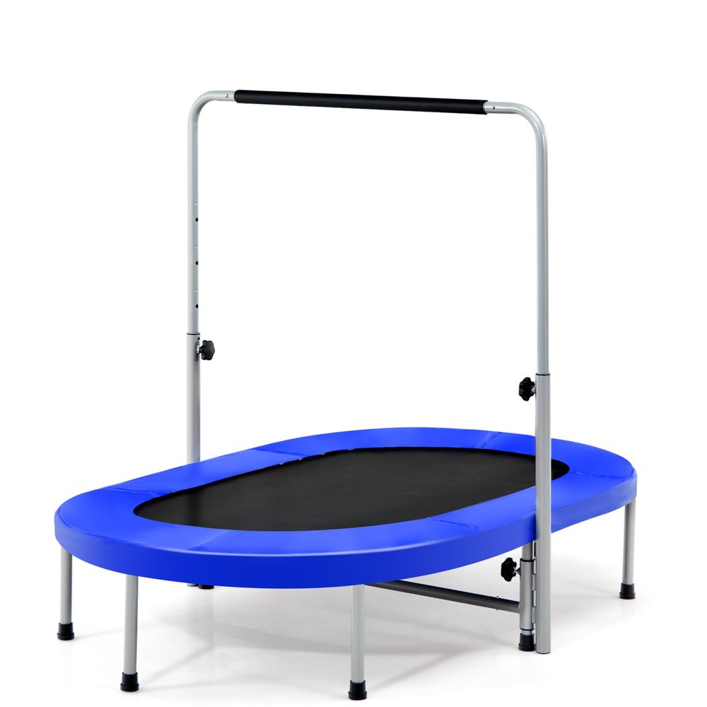 GYMAX Rebounder Trampoline for Adults, 60 Foldable Mini Kids Trampoline Indoor with 5-Level Height Adjustable Handle & Non-Slip Pads, Easy Assembly for Fitness Workout, Max Load 330lbs (Blue)