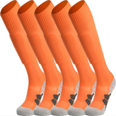 APTESOL Youth Soccer Socks Knee High Team Sport Cushion Sock Women Men Long Tube Cotton Athletic Compression Socks (5-Pair Orange-A,Large)