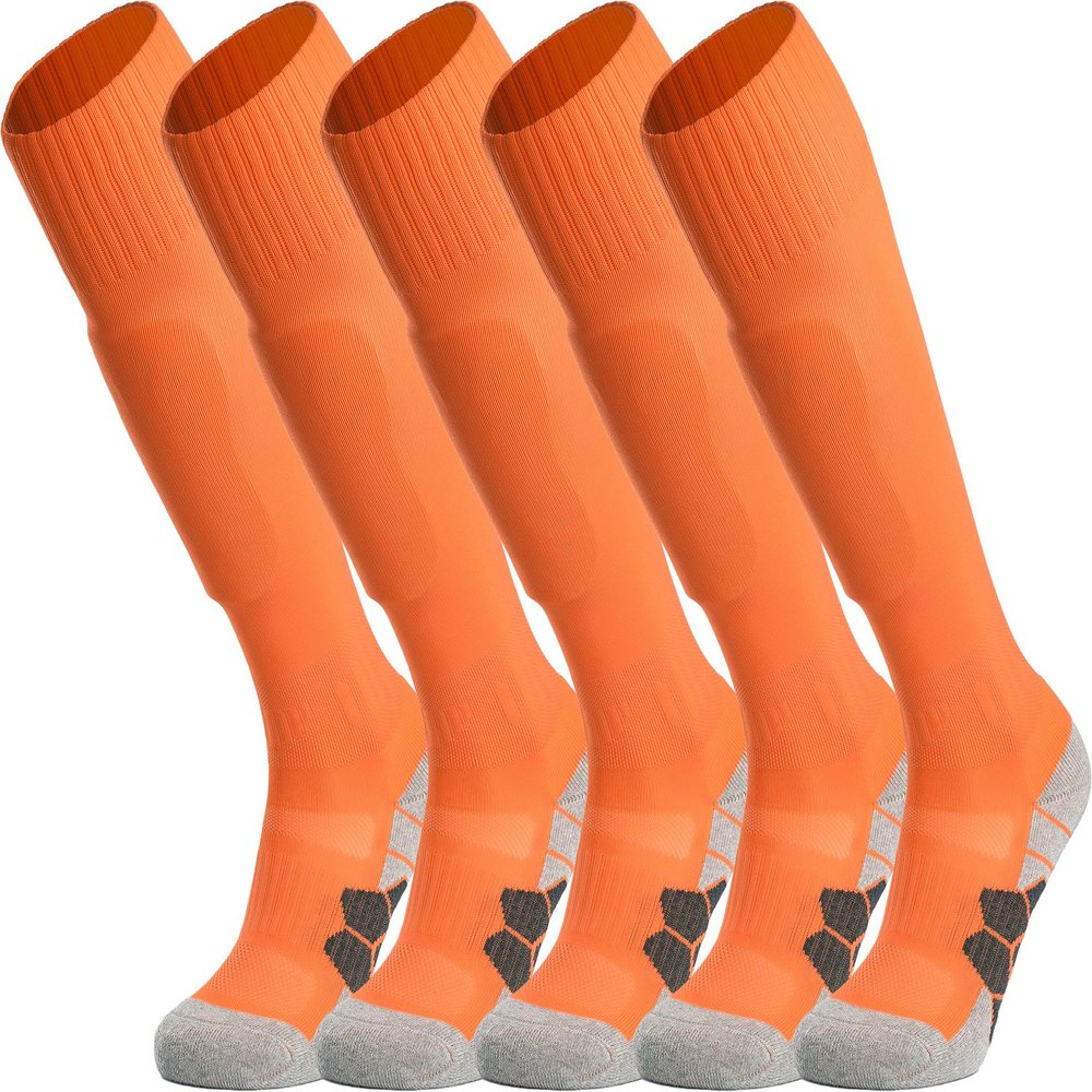 APTESOL Youth Soccer Socks Knee High Team Sport Cushion Sock Women Men Long Tube Cotton Athletic Compression Socks (5-Pair Orange-A,Large)