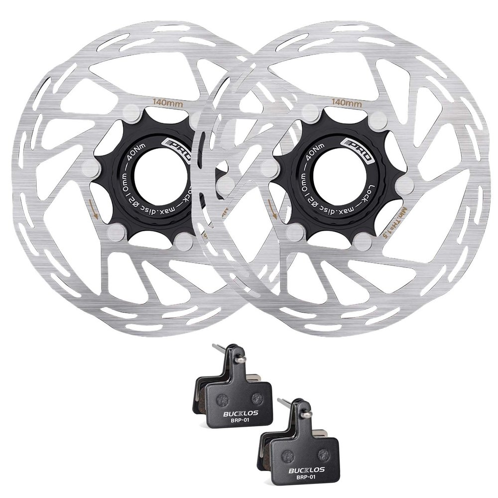 BUCKLOS IIIPRO 140mm Bike Centerlock Disc Brake Rotor MTB Stainless Steel Center Lock Bicycle Brakes Rotors and 2 Pairs Bike Brake Pads for TRP Tektro Shimano Deore Br-M575 M525 M515 T615 T675