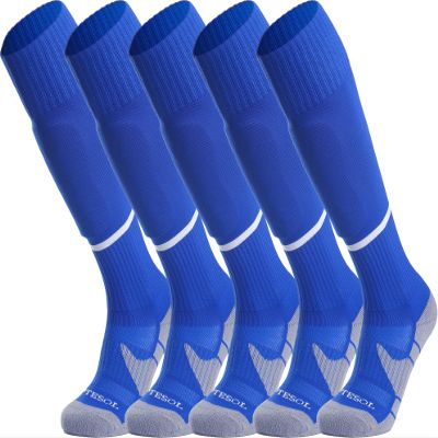 APTESOL Youth Soccer Socks Boys Girls Women Knee High Team Sport Cushion Sock Kids Long Tube Cotton Athletic Compression Socks (5-Pair Blue-B,Small)