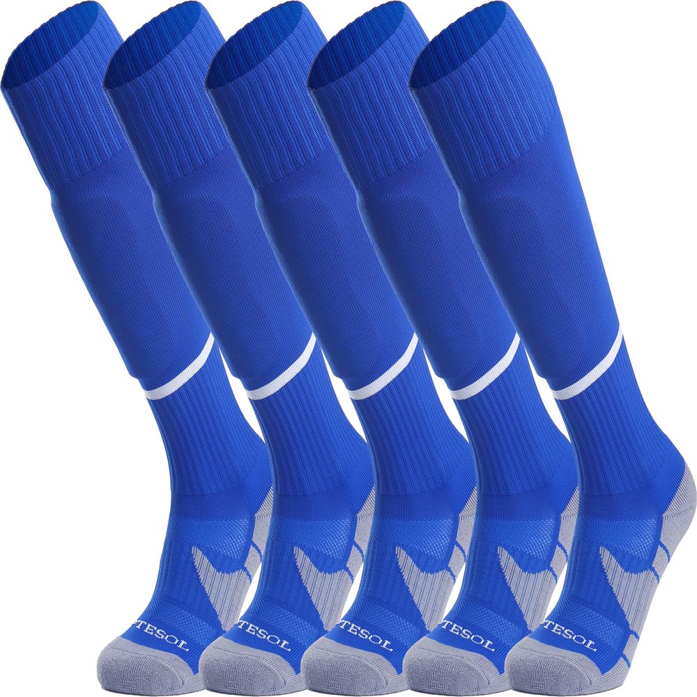 APTESOL Youth Soccer Socks Boys Girls Women Knee High Team Sport Cushion Sock Kids Long Tube Cotton Athletic Compression Socks (5-Pair Blue-B,Small)