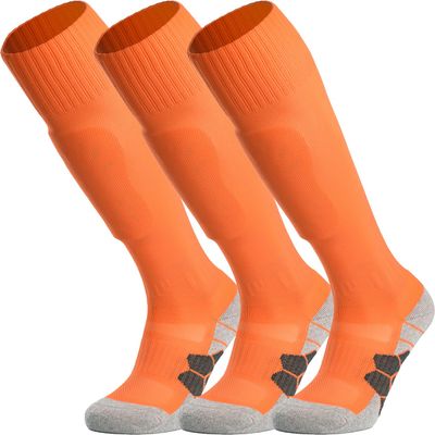 APTESOL Youth Soccer Socks Knee High Team Sport Cushion Sock Women Men Long Tube Cotton Athletic Compression Socks (3-Pair Orange-A,Large)