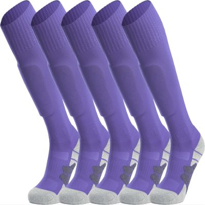APTESOL Youth Soccer Socks Knee High Team Sport Cushion Sock Women Men Long Tube Cotton Athletic Compression Socks (5-Pair Purple-A,Large)