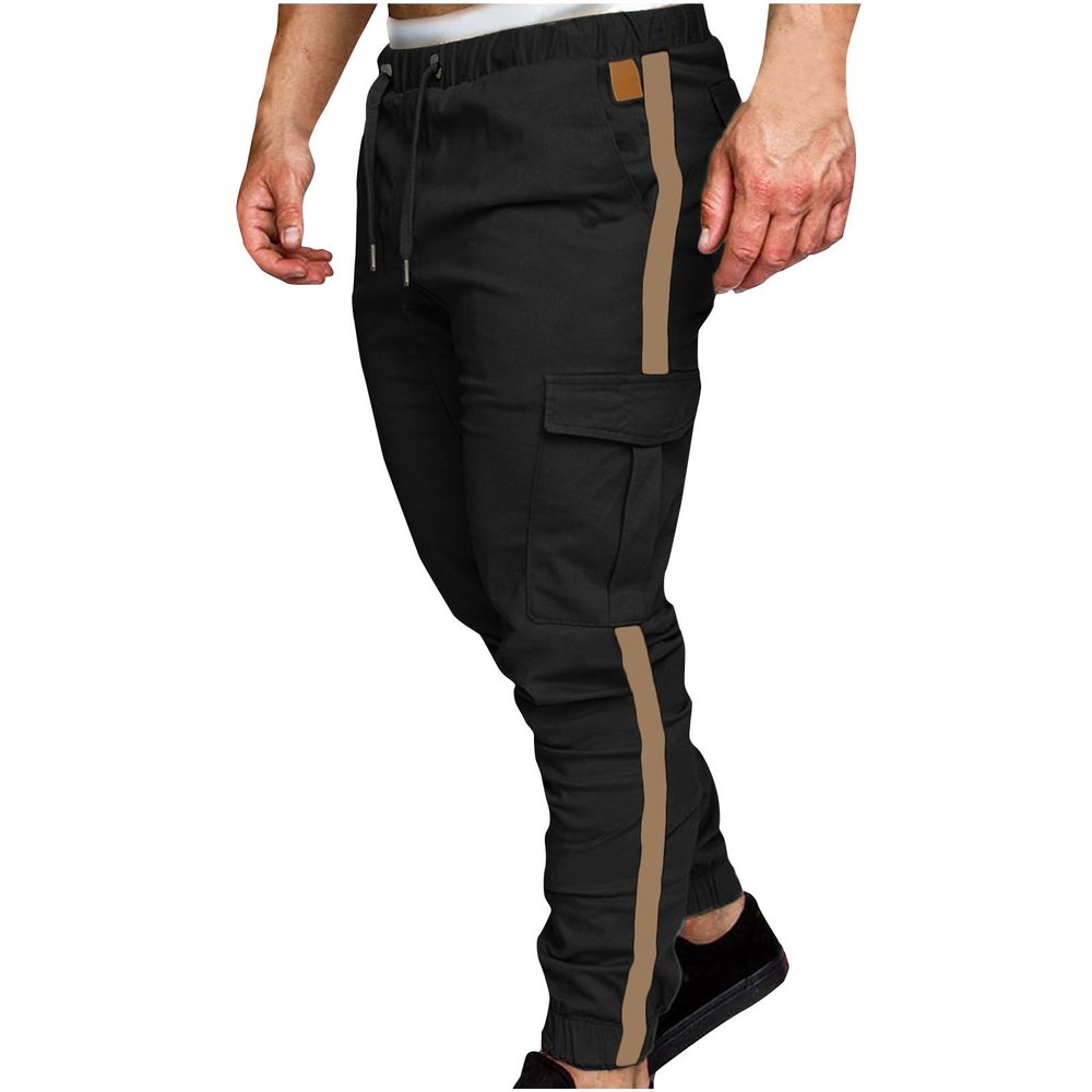 Mens Funky Cargo Jogger Pants Slim Fit Stripe Cinch Bottom Track Pants Elastic Drawstring Waist Workout Sweatpants Black