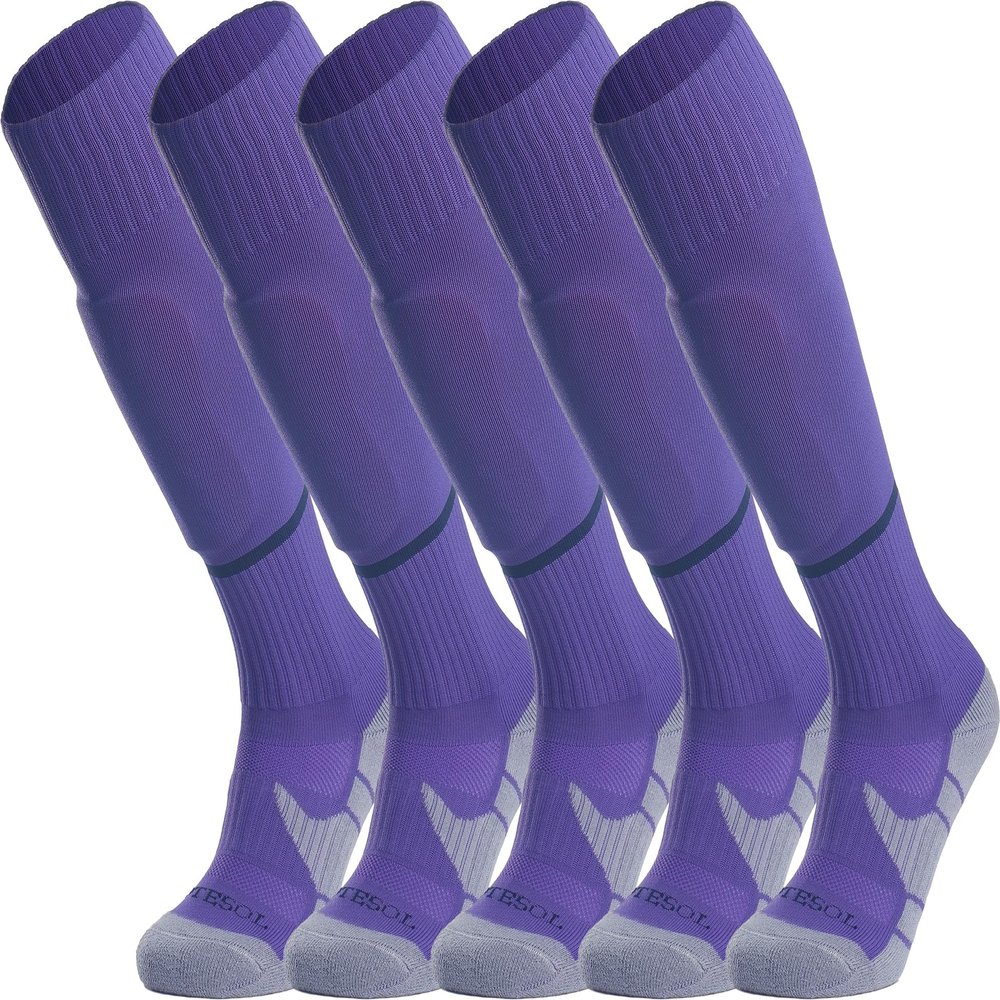 APTESOL Youth Soccer Socks Knee High Team Sport Cushion Sock Women Men Long Tube Cotton Athletic Compression Socks (5-Pair Purple-B,Large)