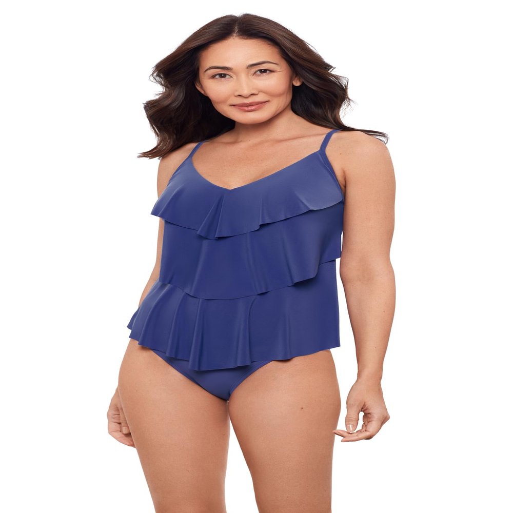 Aqua Green Women's Triple Ruffle Tier Swim Tankini Top with Adjustable Straps, Cerulean, X-Large