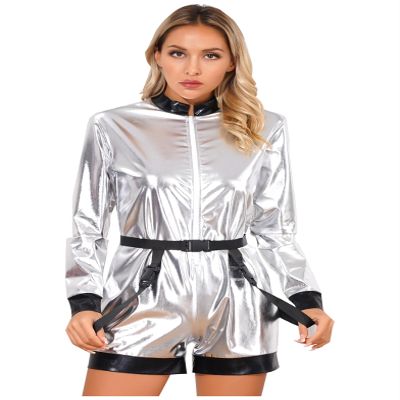 Xnihocha Adult Astronaut Jumpsuit Costume Womens Silver Space Suit Halloween Space Zipper Boyshorts Bodysuit Costume Silver Medium