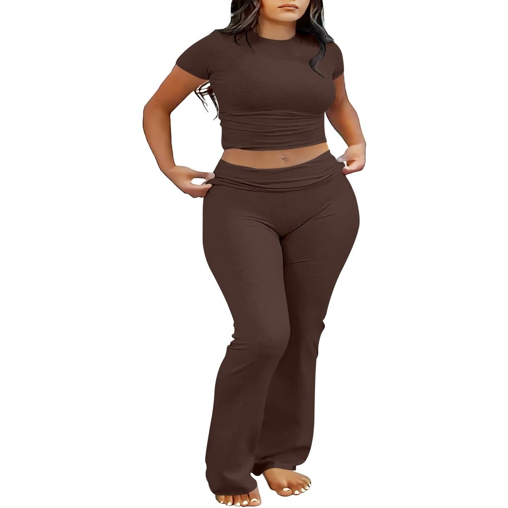 ANRABESS Lounge Sets for Women 2 Piece Foldover Yoga Flare Leggings Pants Crop Tops Casual Y2K Outfits Matching Tracksuit Set Brown X-Large