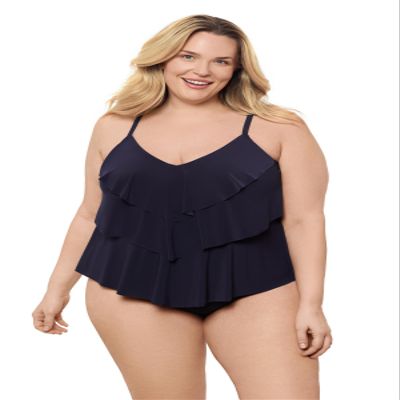Aqua Green Women's Triple Ruffle Tier Swim Tankini Top with Adjustable Straps, True Navy, Large