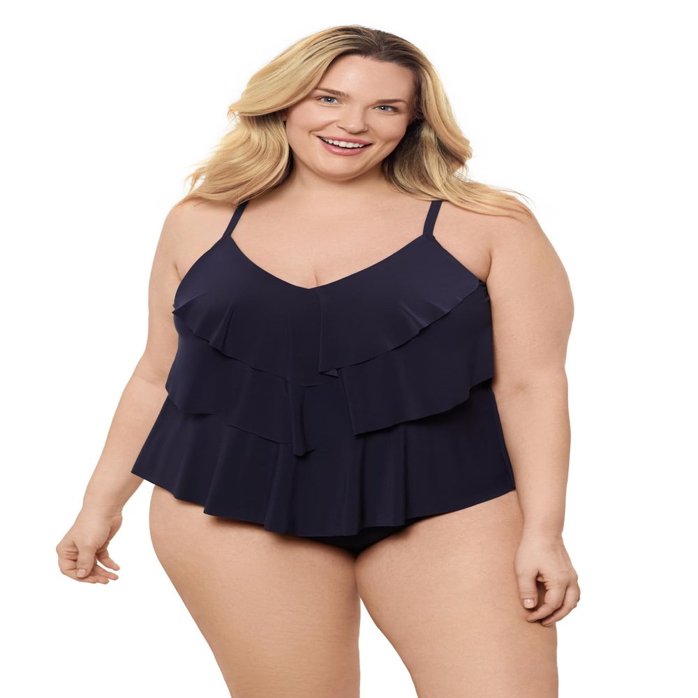 Aqua Green Women's Triple Ruffle Tier Swim Tankini Top with Adjustable Straps, True Navy, Large
