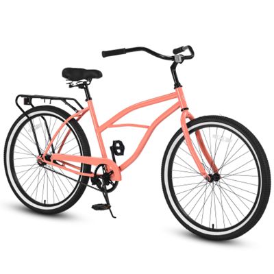 Tzou 26 Inch Cruiser Bike for Men Women Single Speed Drivetrain Steel Frame Mountain Bike for Beach Camping Picnic Pink