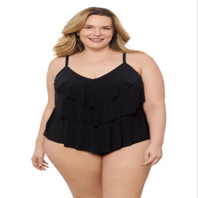 Aqua Green Women's Triple Ruffle Tier Swim Tankini Top with Adjustable Straps, Black, Large