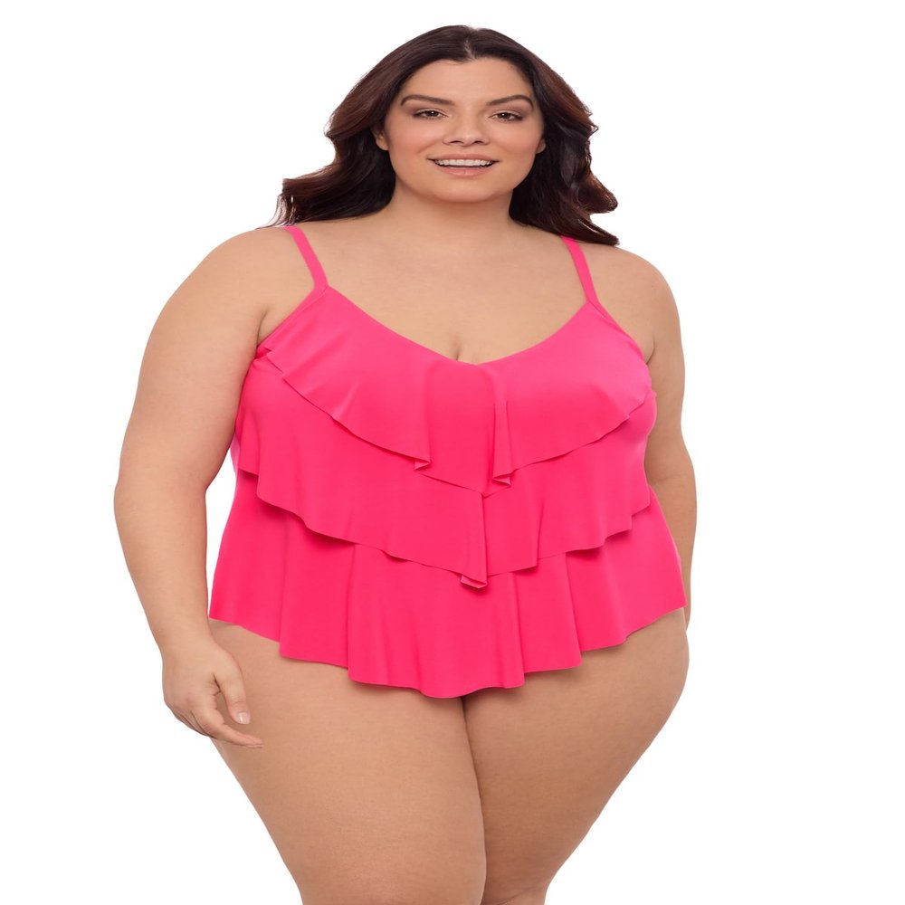 Aqua Green Women's Triple Ruffle Tier Swim Tankini Top with Adjustable Straps, Rose Quartz, 2X