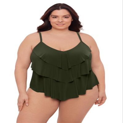 Aqua Green Women's Triple Ruffle Tier Swim Tankini Top with Adjustable Straps, Malachite, Large