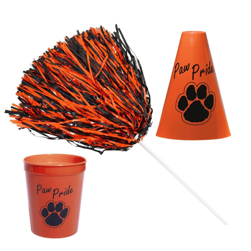 Anderson's Exclusive Orange and Black Paw Pride Shaker Pom Poms Megaphone Noisemaker Stadium Cup Set School Spirit Cheerleader Sports Fan Football Homecoming Squad Team Party Dance Club Pack of 48