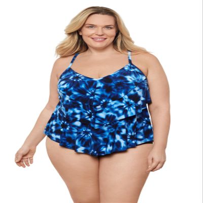 Aqua Green Women's Triple Ruffle Tier Swim Tankini Top with Adjustable Straps, Chic Tie Dye, Small