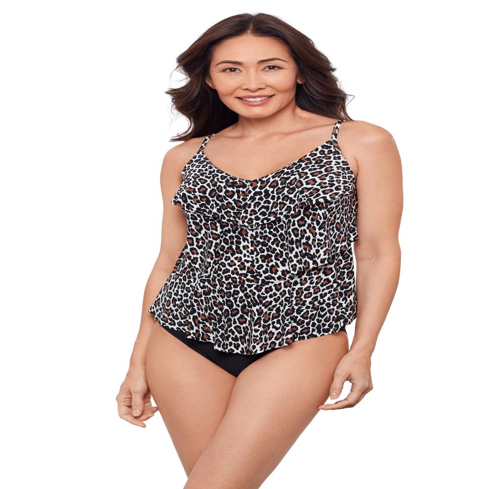 Aqua Green Women's Triple Ruffle Tier Swim Tankini Top with Adjustable Straps, Seeing Spots, Medium
