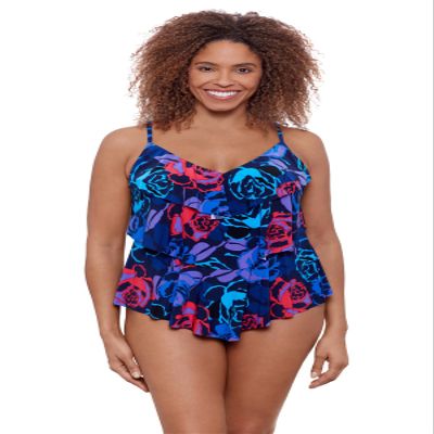 Aqua Green Women's Triple Ruffle Tier Swim Tankini Top with Adjustable Straps, Rose Grows, Small