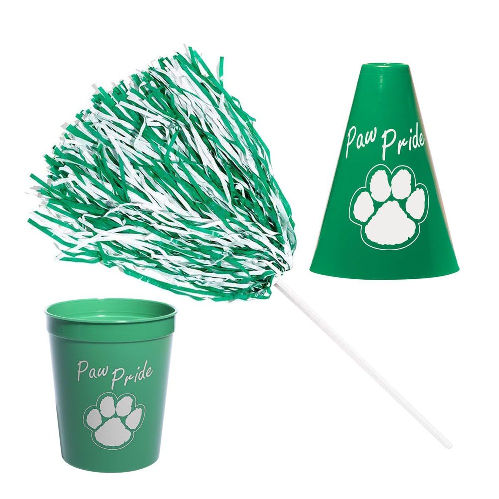 Anderson's Exclusive Green and White Paw Pride Shaker Pom Poms Megaphone Noisemaker Stadium Cup Set School Spirit Cheerleader Sports Fan Football Homecoming Squad Team Party Dance Club Pack of 24
