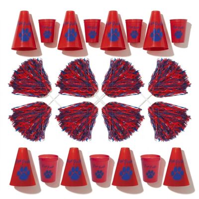 Anderson's Exclusive Red and Blue Paw Pride Shaker Pom Poms Megaphone Noisemaker Stadium Cup Set School Spirit Cheerleader Sports Fan Football Homecoming Squad Team Party Dance Club Pack of 24