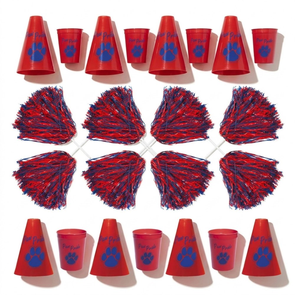 Anderson's Exclusive Red and Blue Paw Pride Shaker Pom Poms Megaphone Noisemaker Stadium Cup Set School Spirit Cheerleader Sports Fan Football Homecoming Squad Team Party Dance Club Pack of 24