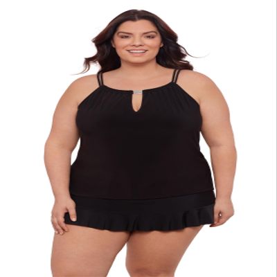 Aqua Green Women's Keyhole High Neck Full Coverage Adjustable Tankini Swim Top, Black, 1X