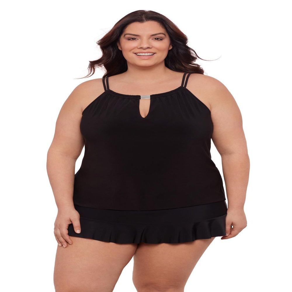Aqua Green Women's Keyhole High Neck Full Coverage Adjustable Tankini Swim Top, Black, 1X