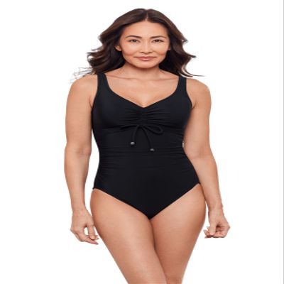 Aqua Green Women's Tummy Control Cinched V-Neck Side Shirred One Piece Swimsuit, Black, 1X