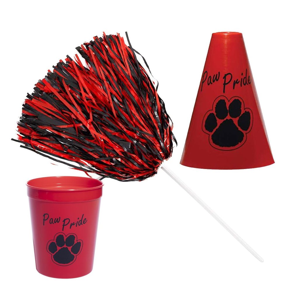 Anderson's Exclusive Red and Black Paw Pride Shaker Pom Poms Megaphone Noisemaker Stadium Cup Set School Spirit Cheerleader Sports Fan Football Homecoming Squad Team Party Dance Club Pack of 24