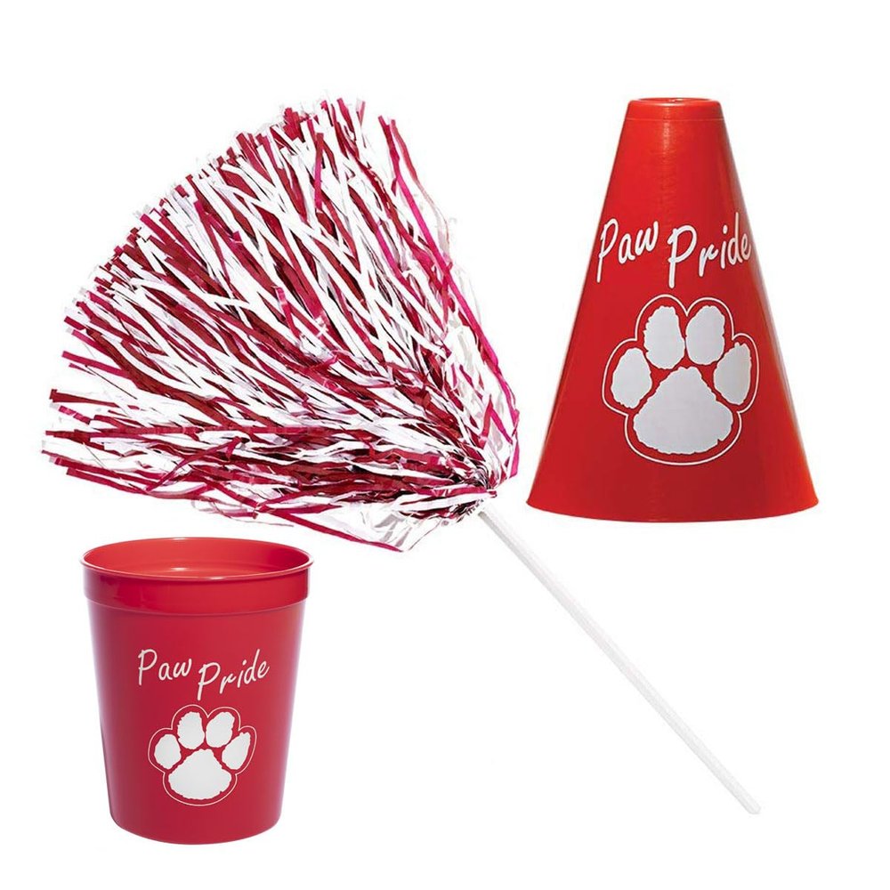 Anderson's Exclusive Red and White Paw Pride Shaker Pom Poms Megaphone Noisemaker Stadium Cup Set School Spirit Cheerleader Sports Fan Football Homecoming Squad Team Party Dance Club Pack of 48