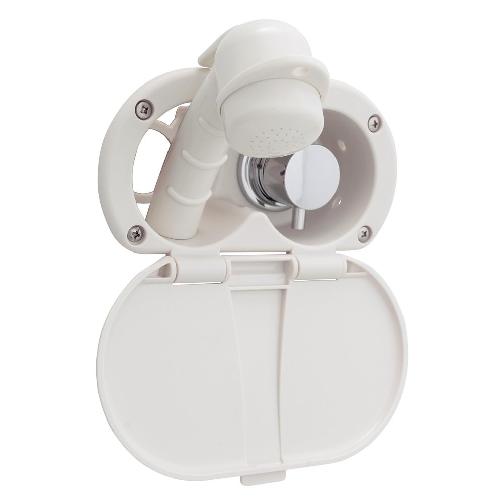 Ambassador Marine Aidack- Transom Shower (Hot/Cold Mixer), Warm White Cup & Lid, Small Warm White Sprayer, 6' Stainless Steel Hose, Chrome Aidack Handle - 136-1708-WH-W