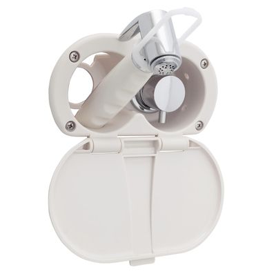 Ambassador Marine Aidack- Transom Shower (Hot/Cold Mixer), Warm White Cup & Lid, Hammer-Head Warm White Sprayer, 6' Stainless Steel Hose, Chrome Aidack Handle - 136-1716-WH-W