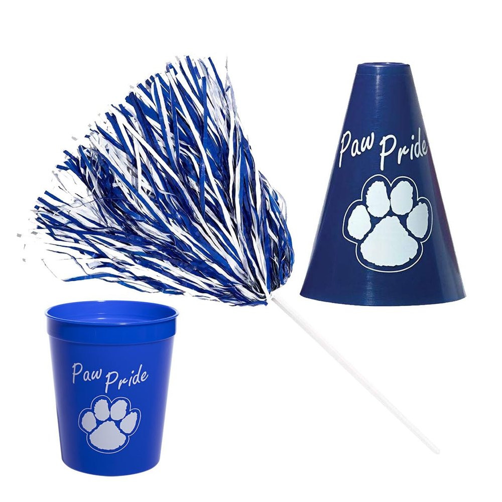 Anderson's Exclusive Blue and White Paw Pride Shaker Pom Poms Megaphone Noisemaker Stadium Cup Set School Spirit Cheerleader Sports Fan Football Homecoming Squad Team Party Dance Club Pack of 96