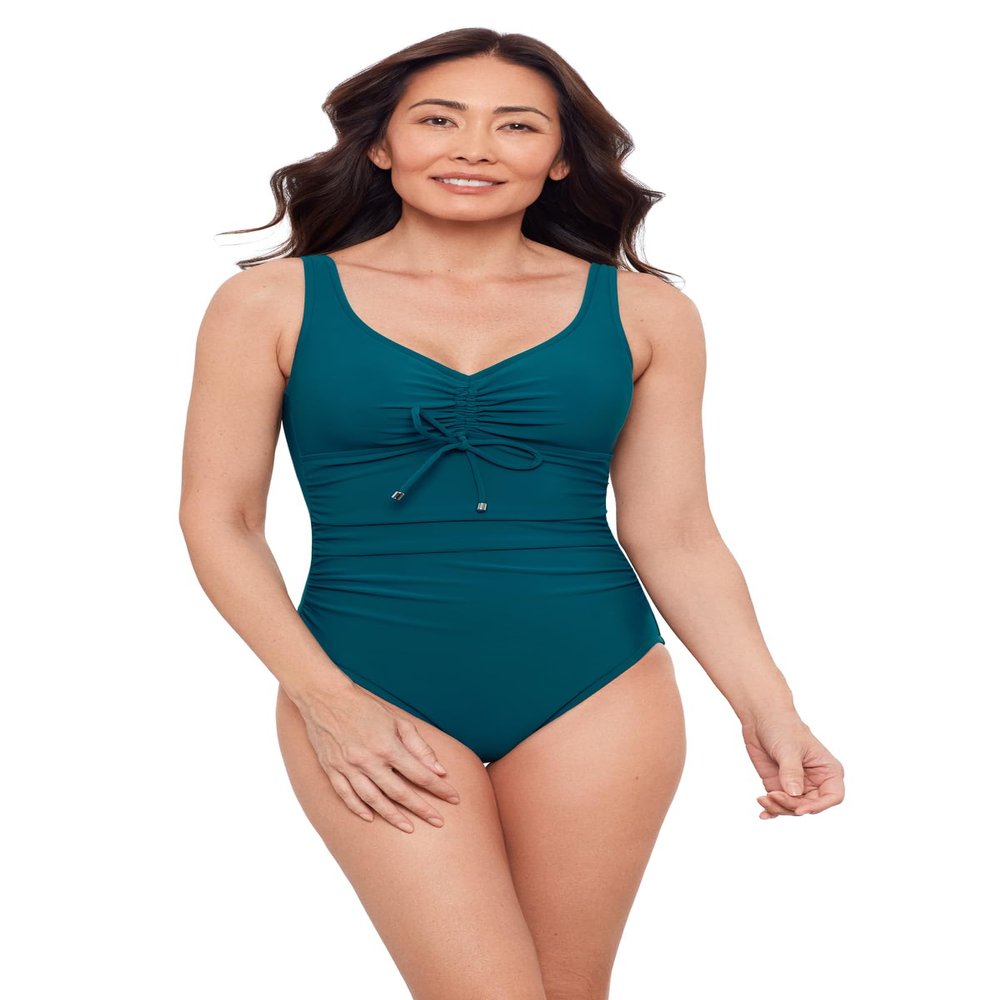 Aqua Green Women's Tummy Control Cinched V-Neck Side Shirred One Piece Swimsuit, Lagoon, 1X