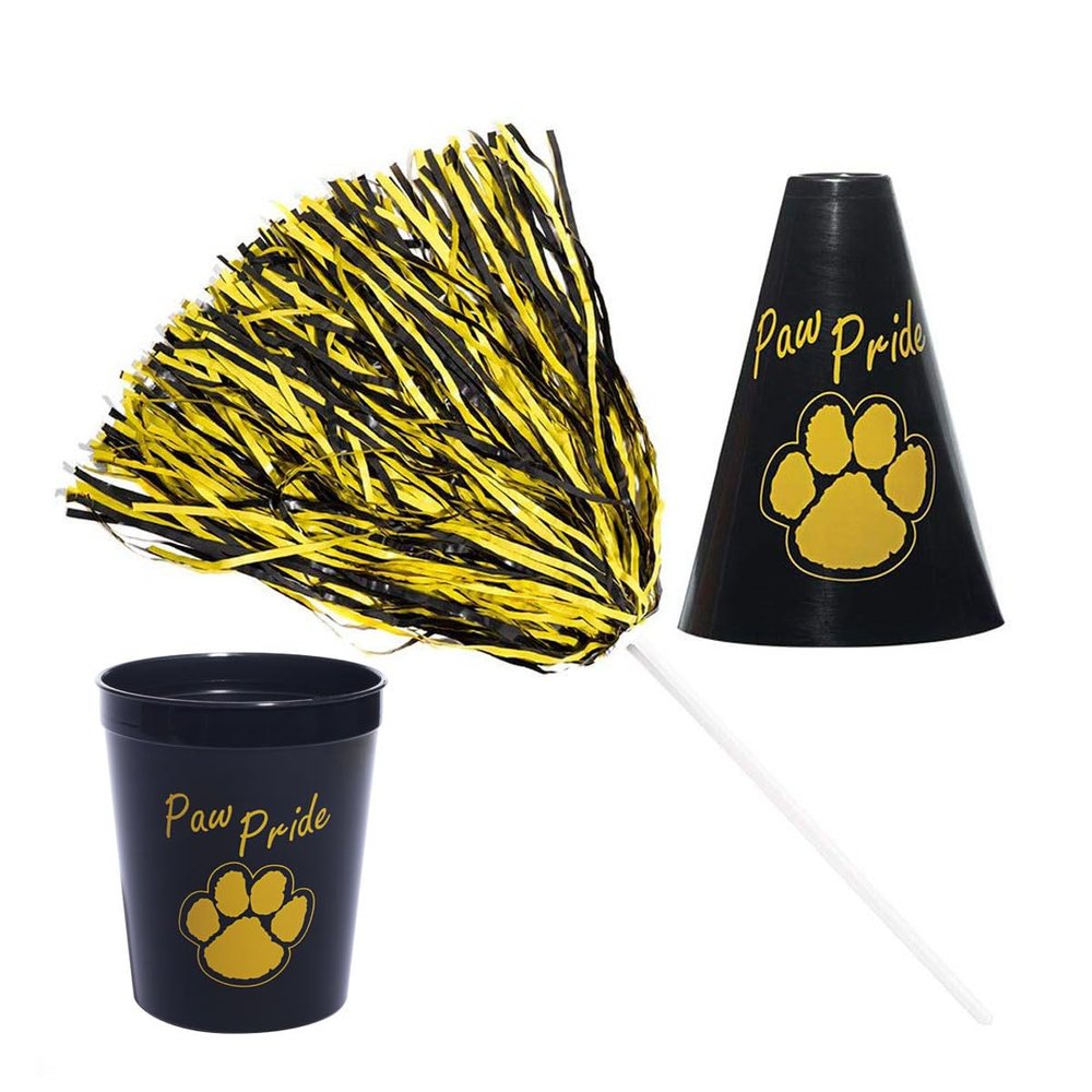 Anderson's Exclusive Gold and Blue Paw Pride Shaker Pom Poms Megaphone Noisemaker Stadium Cup Set School Spirit Cheerleader Sports Fan Football Homecoming Squad Team Party Dance Club Pack of 96