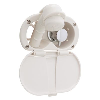 Ambassador Marine Aidack- Transom Shower (Hot/Cold Mixer), Warm White Cup & Lid, Small Warm White Sprayer, 6' White Rubber Hose, Chrome Aidack Handle - 136-1700-WH-W
