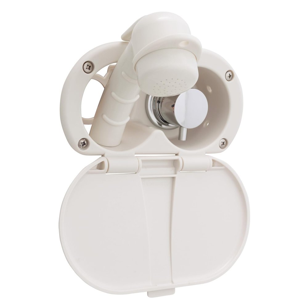 Ambassador Marine Aidack- Transom Shower (Hot/Cold Mixer), Warm White Cup & Lid, Small Warm White Sprayer, 6' White Rubber Hose, Chrome Aidack Handle - 136-1700-WH-W