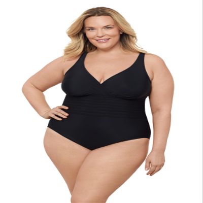 Aqua Green Women's Full Coverage V-Neck Surplice Trim Overlay One Piece Swimsuit with Tummy Compression, Black, 1X