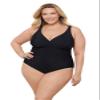 Aqua Green Women's Full Coverage V-Neck Surplice Trim Overlay One Piece Swimsuit with Tummy Compression, Black, 1X view 1