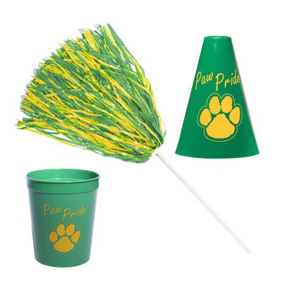 Anderson's Exclusive Green and Gold Paw Pride Shaker Pom Poms Megaphone Noisemaker Stadium Cup Set School Spirit Cheerleader Sports Fan Football Homecoming Squad Team Party Dance Club Pack of 96