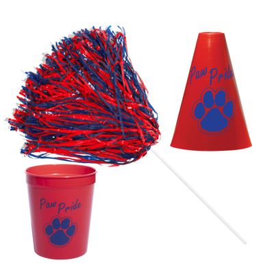 Anderson's Exclusive Red and Blue Paw Pride Shaker Pom Poms Megaphone Noisemaker Stadium Cup Set School Spirit Cheerleader Sports Fan Football Homecoming Squad Team Party Dance Club Pack of 48