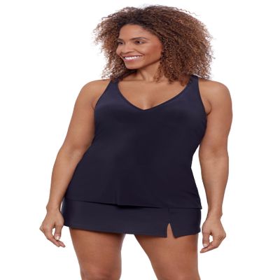 Aqua Green Women's Standard V-Neck Full Coverage Ladder Trim Detail Racerback Tankini Swim Top, True Navy
