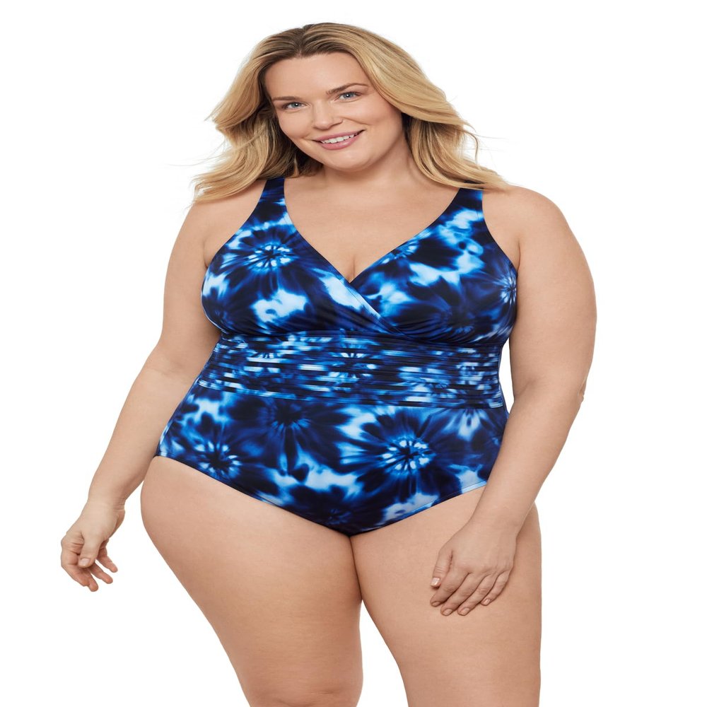 Aqua Green Women's Full Coverage V-Neck Surplice Trim Overlay One Piece Swimsuit with Tummy Compression, Chic Tie Dye, Large