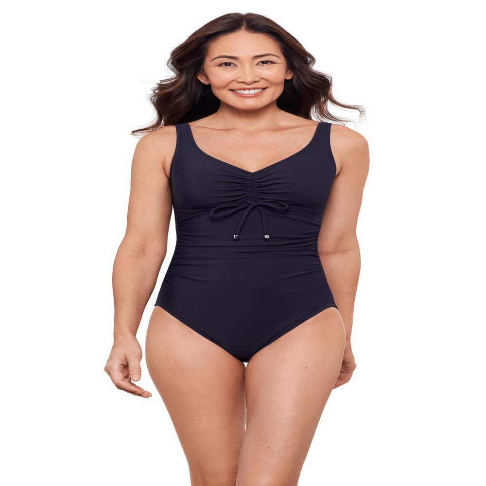 Aqua Green Womens Cinched V-Neck Shirred 1pc One Piece Swimsuit, True Navy, Large US