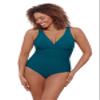 Aqua Green Women's Full Coverage V-Neck Surplice Trim Overlay One Piece Swimsuit with Tummy Compression, Lagoon, Small view 1